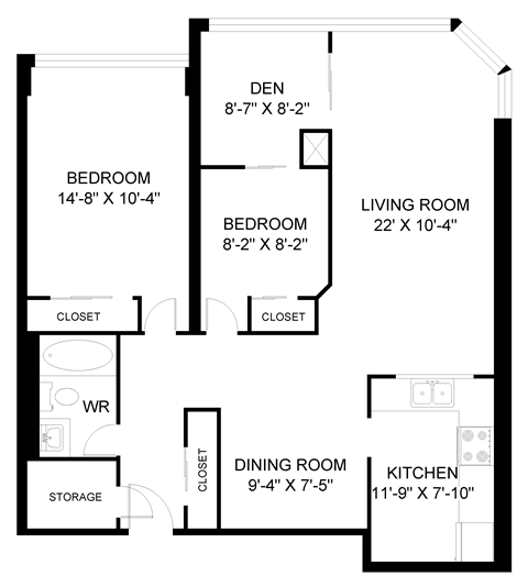 Floor plan for 2 beds, 1 bath, 1015 sqft